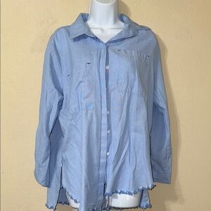 Light Blue Button-Up Shirt with Frayed Hem